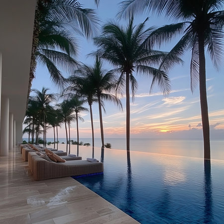 Infinity Pool, Palm Trees, and Ocean Sunset. Luxury Resort, Tranquil Scenery, Golden Hour Viewsの素材