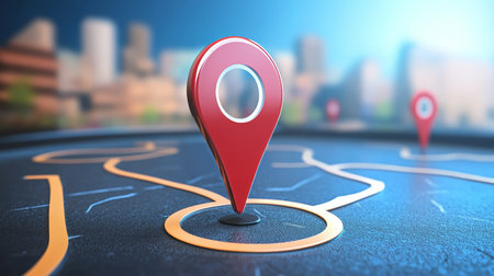 Red Map Pin With Navigation Route on City. Navigation, Route Planning, Travel, Destination Concept.の素材