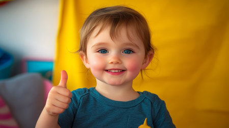 Smiling Toddler Girl with Thumbs Up on Yellow Background, Portrait of a Cheerful and Happy Childの素材