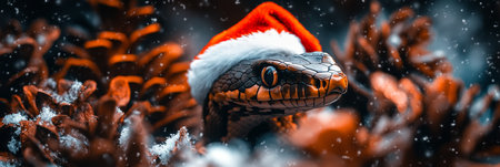 Christmas Snake With Santa Hat on Snowy Background. Happy New Year and Merry Christmasの素材