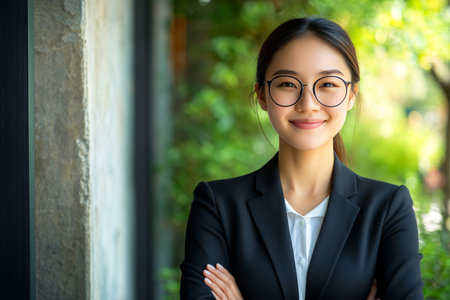 Portrait of a Confident Young Asian Businesswoman Standing Outdoors with Arms Crossedの素材