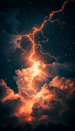 Vibrant Orange and Blue Lightning Strike on Epic Cloudy Night Sky, Electricity, Thunderstormの素材