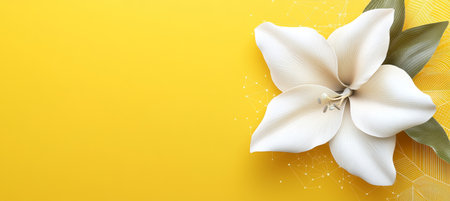 Elegant white lily with green leaves on a vibrant yellow background, copy space for textの素材