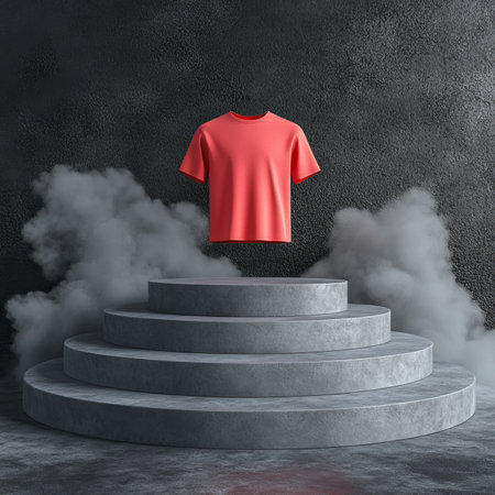 Red T-Shirt Mockup Displayed On Round Concrete Podium On Dark Background, 3D Renderingの素材