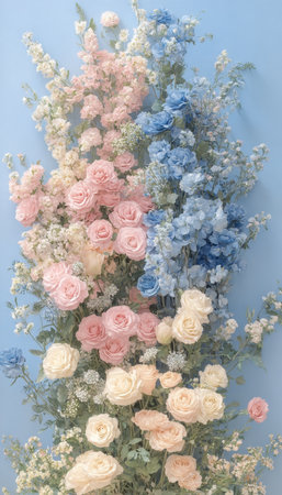 Romantic Floral Arrangement Pastel Pink, Blue, and White Flowers on a Sky Blue Backgroundの素材