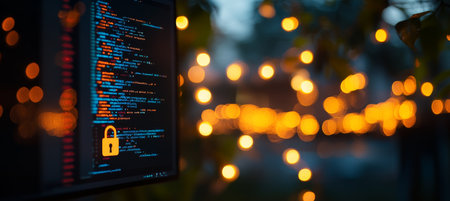 Cybersecurity and Source Code Programming Data on Screen With Encryption Icon, Bokeh Backgroundの素材