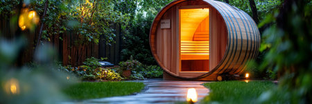 Outdoor Relaxation Glowing Barrel Sauna Nestled in a Tranquil Garden Paradise at Twilightの素材