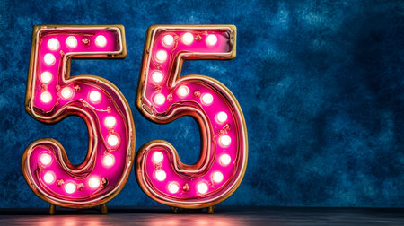 Pink Number Fifty-Five, illuminated By Light Bulbs, Over Dark Blue Texture. Retro Styleの素材