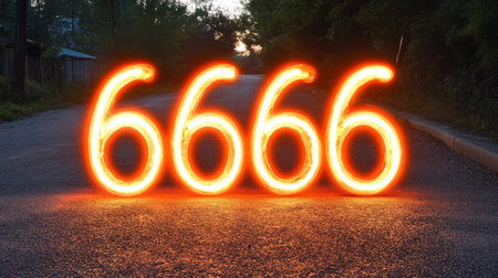 Number 6666 Made of Fire on Asphalt Road in the Evening. Apocalypse, Evil, Numerology Conceptの素材