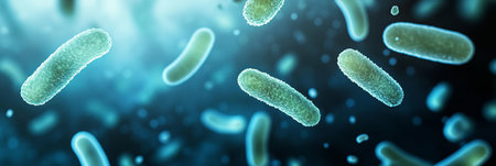 3D Rendering of Bacteria, Microbes, or Germs A Microscopic View of Microorganisms in Motion.の素材