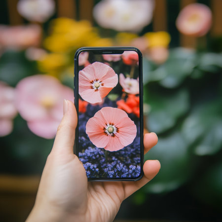 Womans Hand Holding Smartphone, Capturing the Beauty of Vibrant Pink Poppies in Full Bloom.の素材