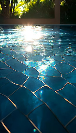 Sparkling Blue Water in a Swimming Pool with Sun Reflection, Summer Background, Resort Vacationの素材