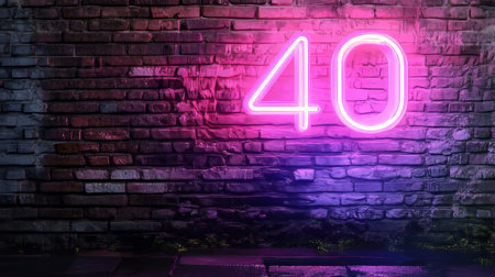 Neon Number 40 Sign on a Grunge, Urban Brick Wall bathed in Vibrant Purple and Pink Lightの素材