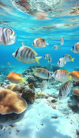 Vibrant Coral Reef Ecosystem Teeming with Exotic Fish in Crystal Clear Tropical Waterの素材