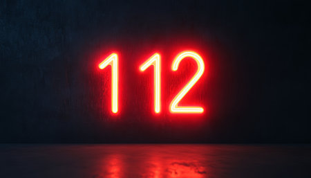 Number 112 Neon Sign on Concrete Wall with a Glowing Light Reflection. 3d Rendering.の素材