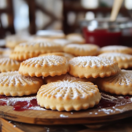 Homemade sugar cookies on wooden board. Sweet round cookies sprinkled with powdered sugar.の素材
