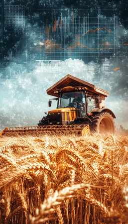 Modern Combine Harvester in Wheat Field, Harvesting Ripe Crops, Agriculture and Technology.の素材