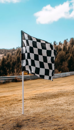 Checkered Flag Waving on a Race Track with Blurred Background, Motorsport, Competitionの素材