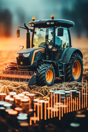 Tractor In Field With Coins And Graph, Representing Agricultural Investment And Profitability.の素材