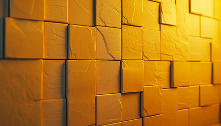 Golden Cubes Wall Background. Abstract Pattern of Square Tiles with Texture, 3D Renderの素材