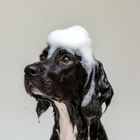 Black and White Dog Enjoys a Relaxing Bath Covered in Shampoo Suds, Funny Pet Grooming Spa Dayの素材
