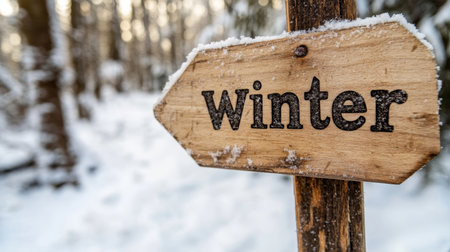Winter Wonderland Wooden signpost covered in snow, marking the season in a snowy forest.の素材