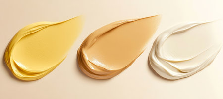 Swatches of creamy yellow, beige, and white cosmetic product, foundation or bb cream texture.の素材