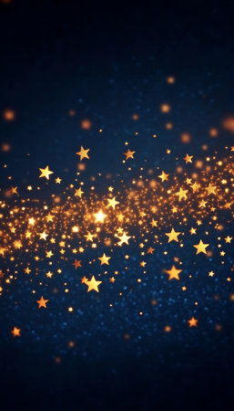 Sparkling Gold Stars Streaked Across a Dark Blue Background, Festive Holiday Lights Abstractの素材