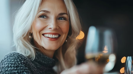 Beautiful Mature Woman with a Radiant Smile Enjoying a Glass of White Wine at a Restaurantの素材