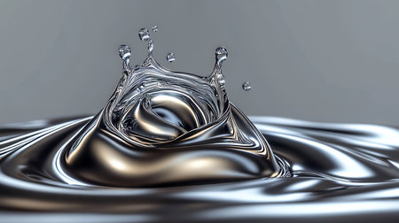 Liquid Metal Splash, Metallic Fluid Drop with Crown-Shaped Splashes. Close-Up View, 3D Illustrationの素材