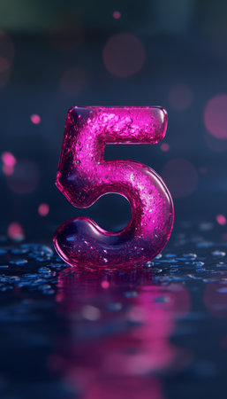 Number 5, Purple Inflatable Balloon On Wet Surface, Bokeh Effect, Three Dimensional Renderの素材