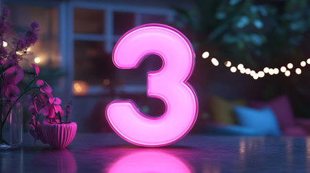 Glowing Number Three 3 for Nighttime Birthday Party, Event Anniversary , Pink Light Designの素材