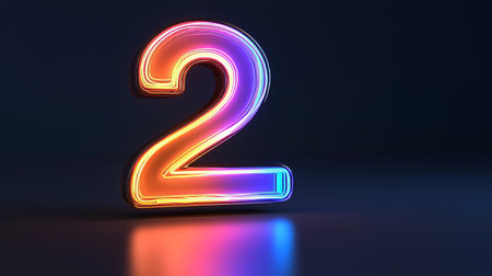 Neon Number 2, Illuminated Two Digit, Glowing Numeral, Vibrant Orange and Pink on Dark Background.の素材