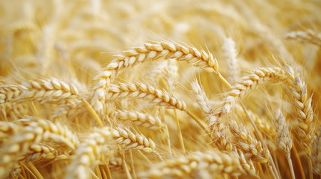 Golden Hours in the Wheat Field Close-Up of Ripe Ears, Ready for Harvest, on a Sunny Day.の素材