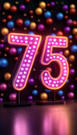 Glowing Number 75 for Birthday, Jubilee, Anniversary Celebration with Neon Lights and Colorful Ballsの素材