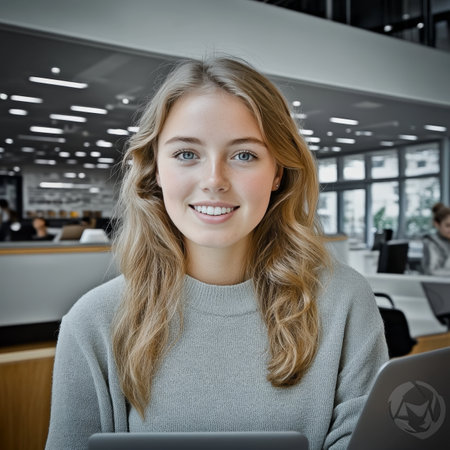 Smiling Student in Library, Focused Young Woman Studying with Laptop, Modern Education Conceptの素材