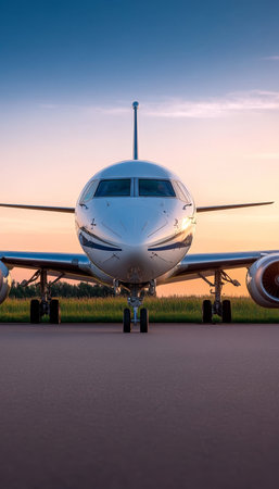 Luxury Private Jet Airplane Parked on Runway at Sunset. Business Travel or Transportation Concept.の素材