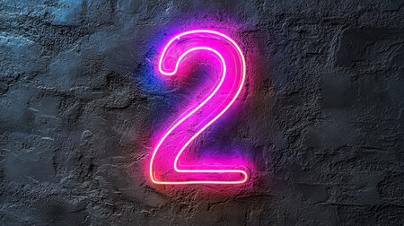Number 2, Pink Neon Sign on Dark Grunge Wall Background, Eighties Retro Style Design Elementの素材