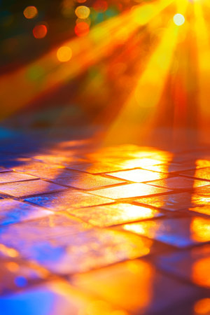 Golden Hour Light Rays at Sunset on The Wet Cobblestone Paving Stones, Urban Abstract Backgroundの素材