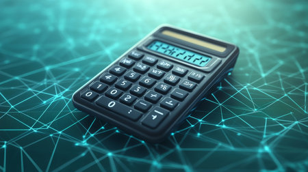 Modern Calculator On Futuristic Tech Background, Concept For Fintech, Business, And Finance.の素材
