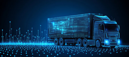 Digital Truck On Blue Technology Background. Abstract Freight Transport Icon With Connected Dotsの素材