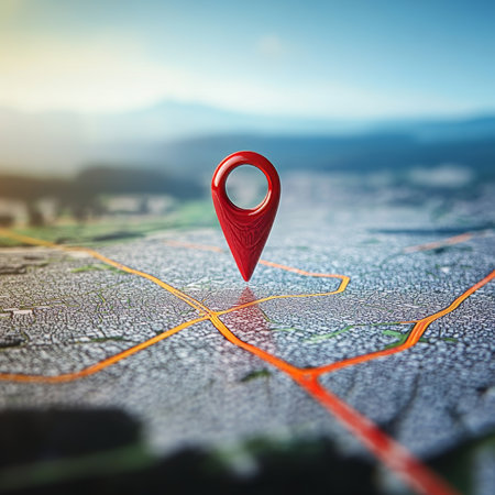 Red Location Pin Pointing on City Map, Symbolizing Navigation, Travel, and Reaching Destinationの素材