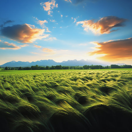 Golden Hour Over Green Barley Field, Majestic Mountain Range and Colorful Sunset, Scenic Landscapeの素材