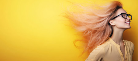 Stylish Woman With Long Pink Hair Flowing, Wearing Glasses, Smiles on Vibrant Yellow Backgroundの素材