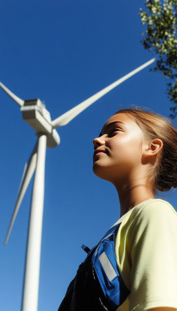 Smiling Girl with Backpack Gazing Up at a Majestic Wind Turbine Under a Bright Blue Skyの素材