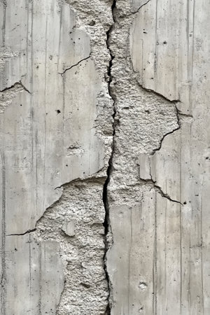 Closeup Rough Texture Cracked Concrete Wall. Damaged House Concrete Structure Earthquake Aftermathの素材
