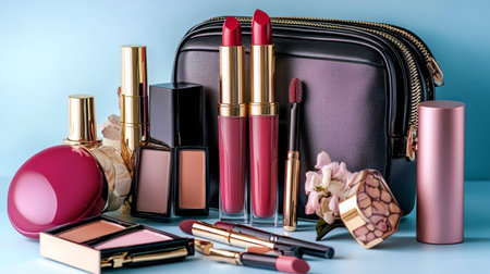 Set of Luxury Makeup Products in an Elegant Black Cosmetic Bag, Isolated on a Blue Backgroundの素材