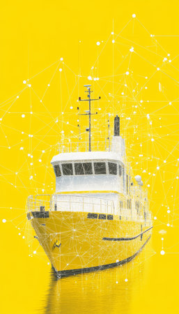 Yellow Ferry Isolated, Yellow Background, Data Connectivity, Digital Transformation Concept.の素材