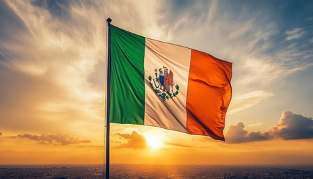 Mexican Pride Vibrant National Flag Waving at Sunset, a Symbol of Unity, Culture, and Patriotismの素材