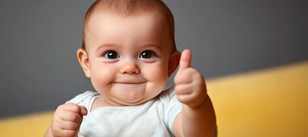 Adorable Baby Giving Thumbs Up Portrait of Infant Happiness and Approval on Yellow Backgroundの素材